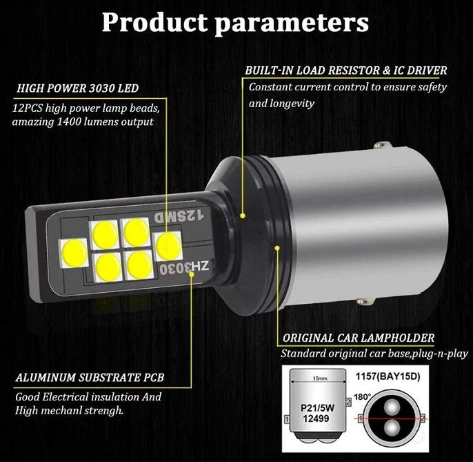 12V 1157 Led Lights Bulbs White 2Pcs