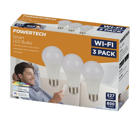 Powertech Smart Wi-Fi LED E27 Bulb with Colour Change with Edison Light Fitting Pack of 3