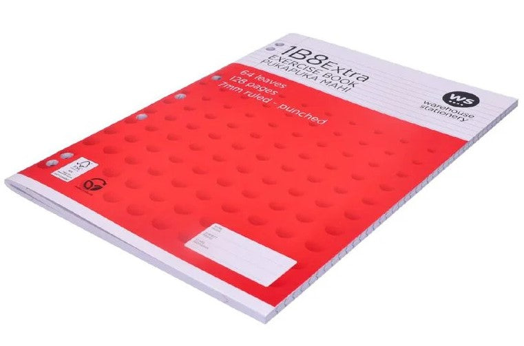 Exercise Book 1B8 Extra WA4 7mm Ruled 64 Leaf Punched Red