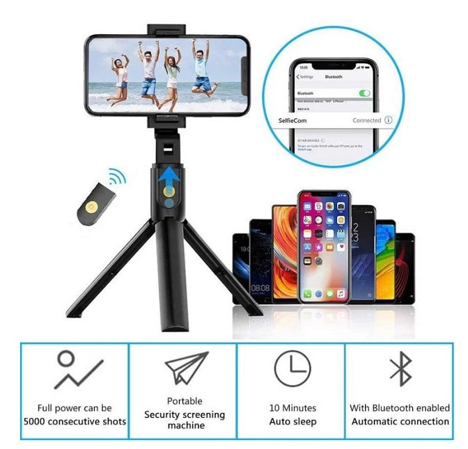 Foldable Bluetooth Selfie Stick With Remote Control - Black