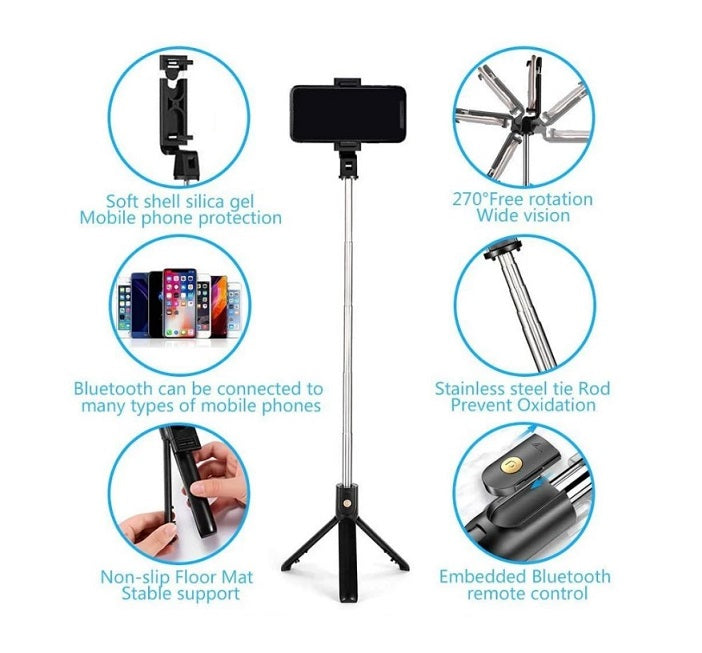 Foldable Bluetooth Selfie Stick With Remote Control - Black