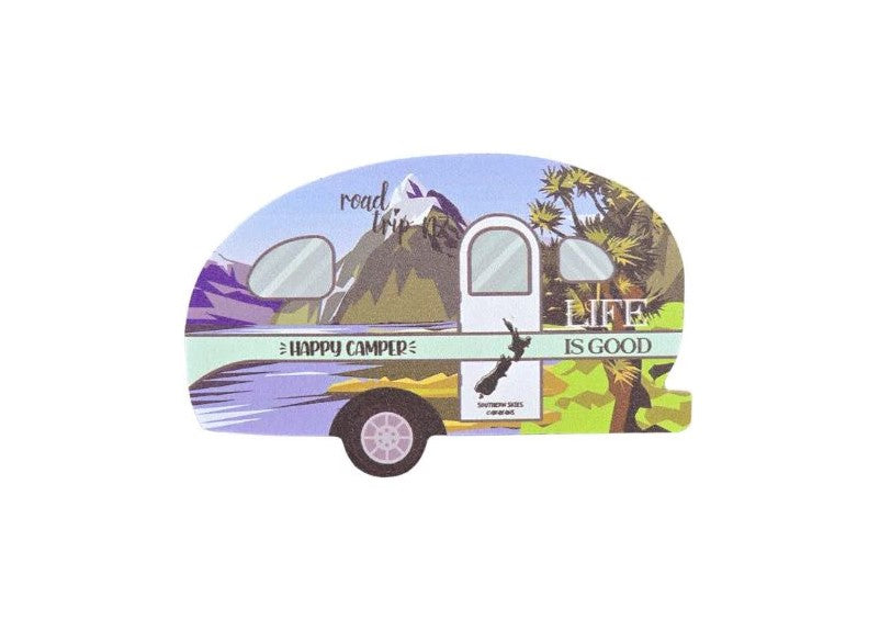Happy Camper Caravan Magnet with Mountains - Green