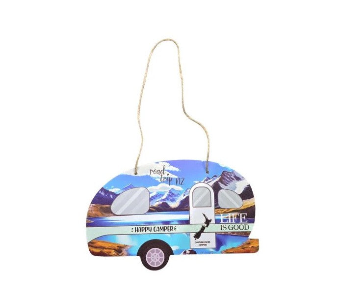 Happy Camper Caravan Plaque with Mountains - Blue