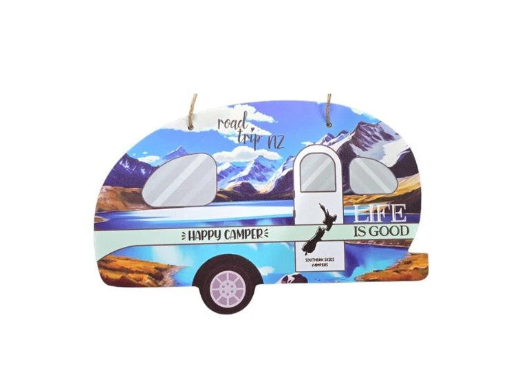 Happy Camper Caravan Plaque with Mountains - Blue