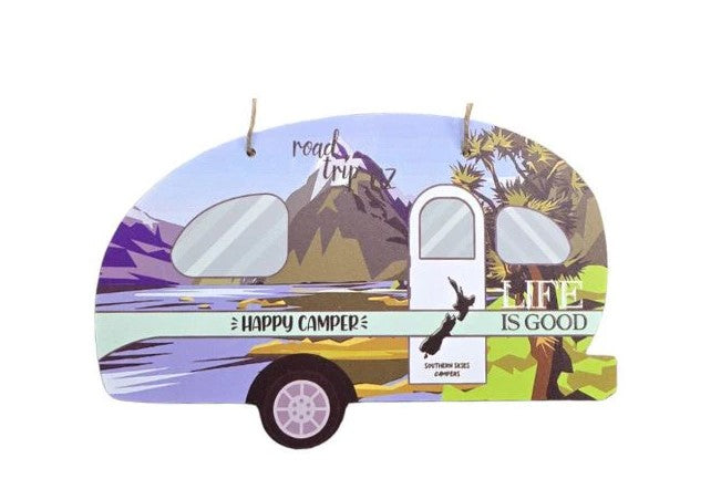 Happy Camper Caravan Plaque with Mountains - Green