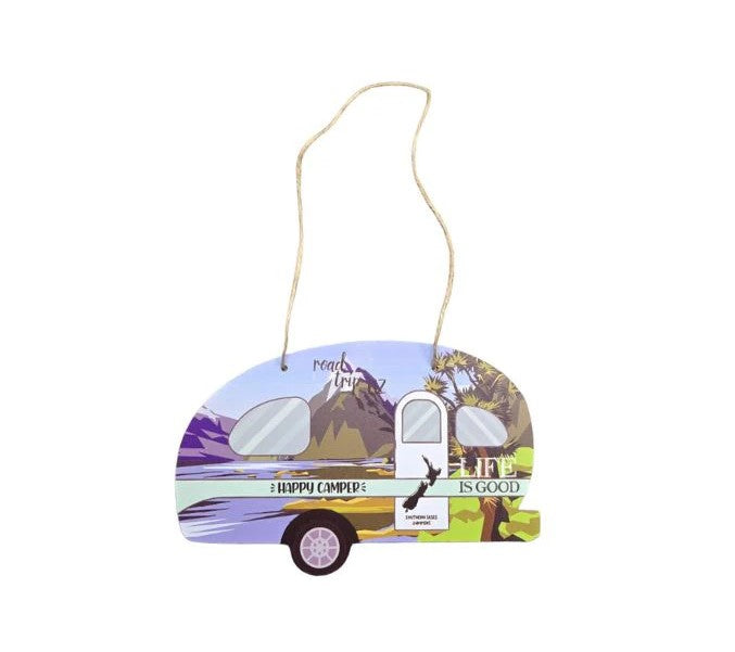 Happy Camper Caravan Plaque with Mountains - Green