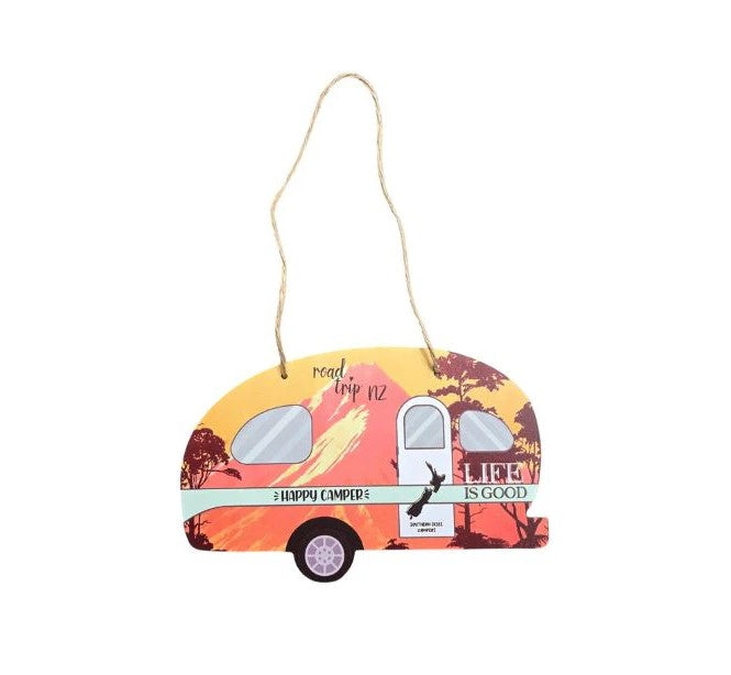 Happy Camper Caravan Plaque with Mountains - Orange