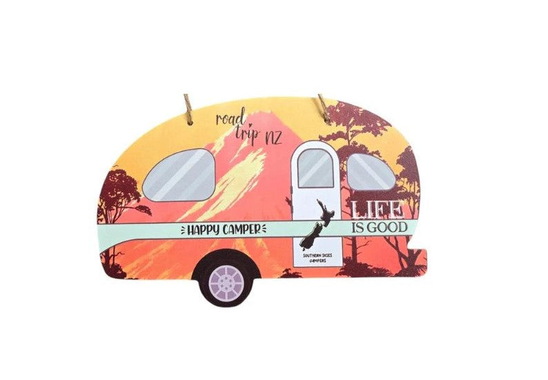 Happy Camper Caravan Plaque with Mountains - Orange