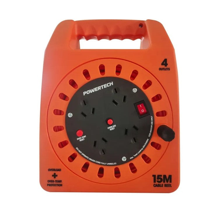 Powertech 4-Way Powerboard Hub with 15m Extension Lead on a Reel MS4122