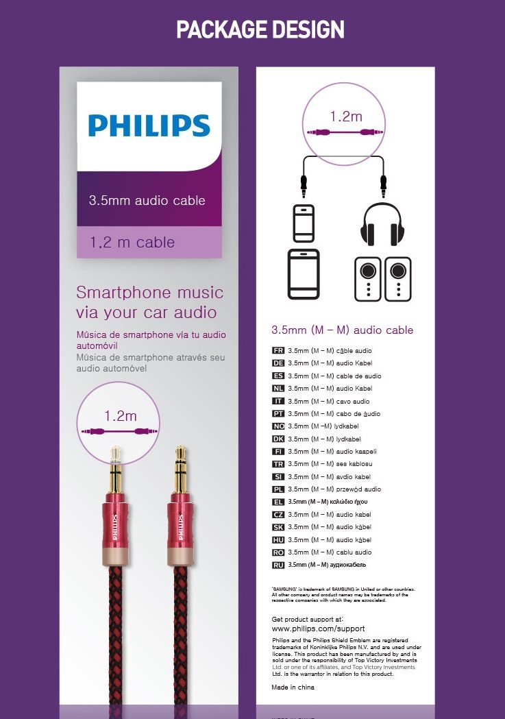 PHILIPS Audio AUX cable 3.5mm male to 3.5mm male 1.2m SWA6234B