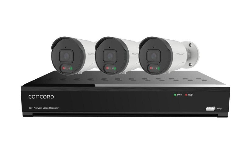 Concord 8 Channel 4K NVR Kit with 3 x 4K Bullet Cameras featuring Red and Green Lights for Deterrence V3 QV5530