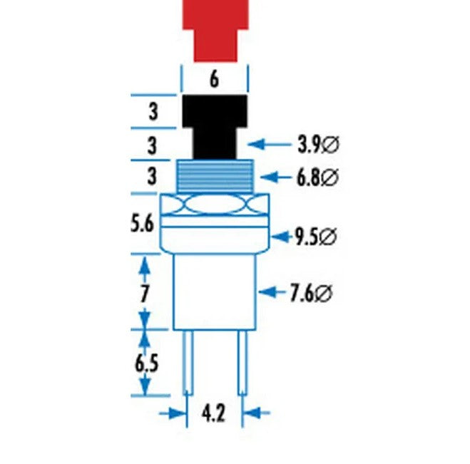 Red Miniature Pushbutton - SPST Momentary Action 125V 1A rating SP0710