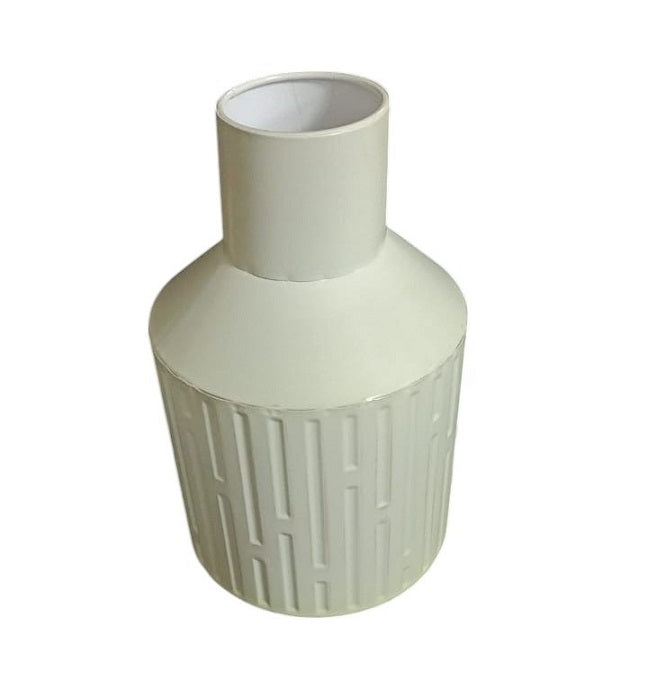 Retro Style Tin Metal Cream Textured Round Tabletop Vase Medium - 28x16cm