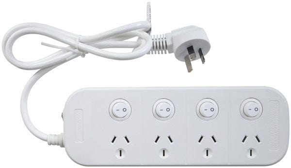 Local Kiwi Deals Electronics 4 way Powerboard with 4 switches and Surge Overload Protection
