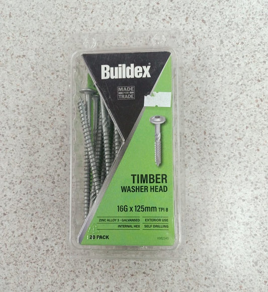 Buildex Type 17 Timber Construction Screws 16G x 125mm TPI 8 Zinc Alloy 20pk