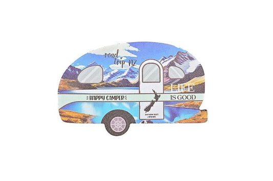 Happy Camper Caravan Magnet with Mountains - Blue