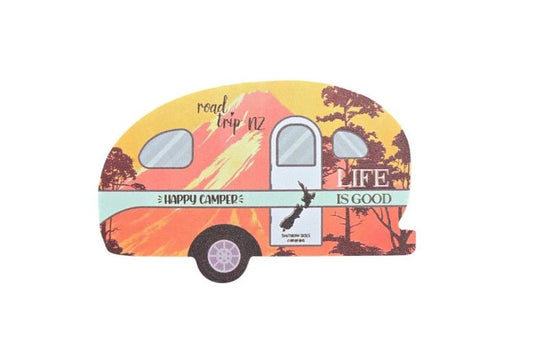 Happy Camper Caravan Magnet with Mountains - Orange