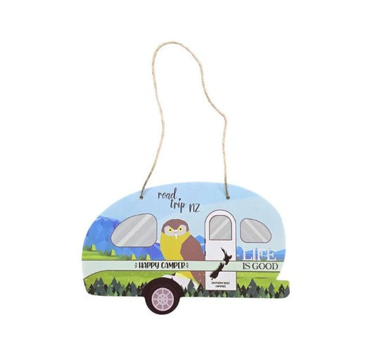 Happy Camper Caravan Plaque with Morepork