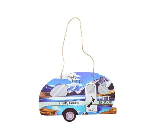 Happy Camper Caravan Plaque with Mountains - Blue