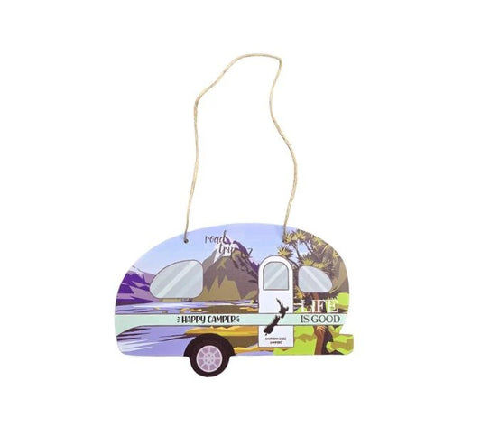 Happy Camper Caravan Plaque with Mountains - Green