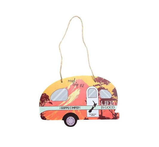 Happy Camper Caravan Plaque with Mountains - Orange