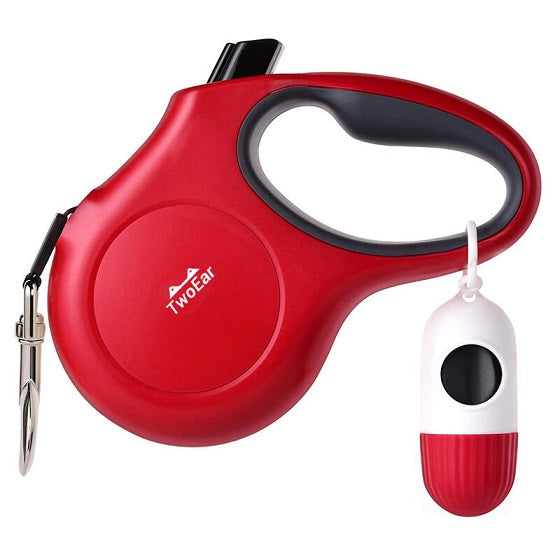 TwoEar: Retractable Dog Leash with Dispenser and Poop Bags - Red