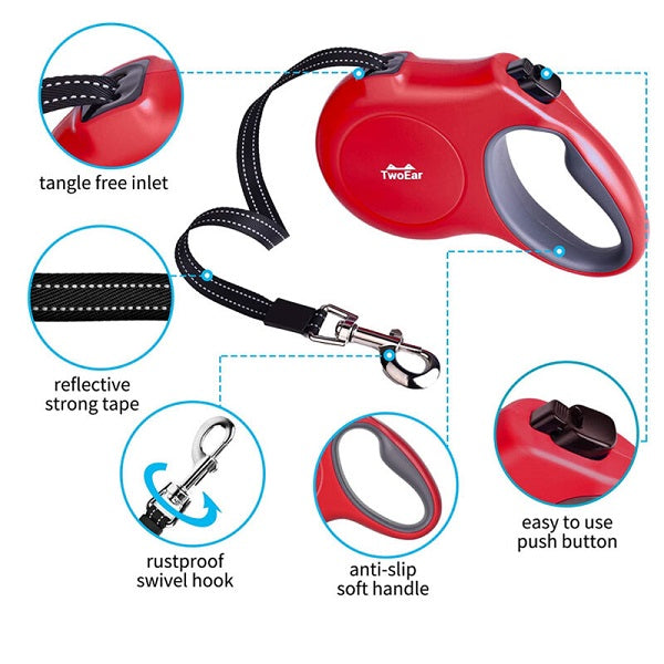 TwoEar: Retractable Dog Leash with Dispenser and Poop Bags - Red