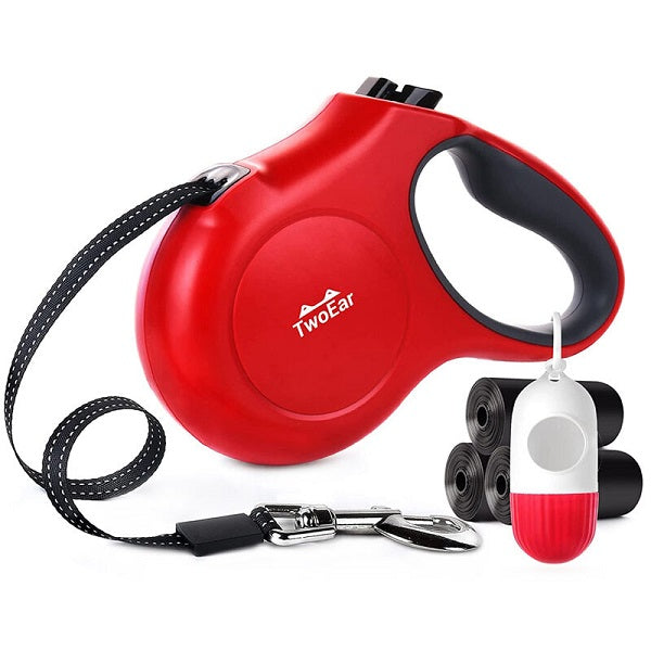 TwoEar: Retractable Dog Leash with Dispenser and Poop Bags - Red